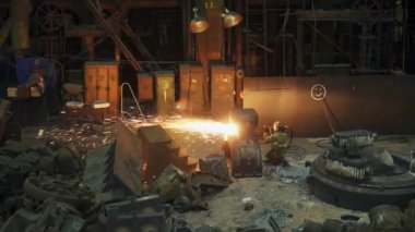 Yoğun bir dökümhane ortamındaki yoğun kıvılcımları ve hareketli aktiviteleri canlı bir şekilde yakalayan dinamik bir sahne. Menkul Kıymetler
