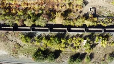 Parlak sonbahar renkleriyle çevrili çoklu tren vagonlarını ihtişamlı bir şekilde gösteren bir fotoğraf. Menkul Kıymetler