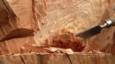 Ahşap işçiliğinin zarif sanatsal gösterisi, sergilenen karmaşık ve keskin keski teknikleri taze tahta üzerinde. Menkul Kıymetler