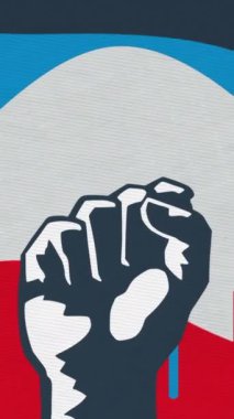 Renkli ve basit bir arka planda güçlü bir erkek yumruğunun çizgi film tasarımı. Animasyon. Güç, protesto ve öfke kavramı