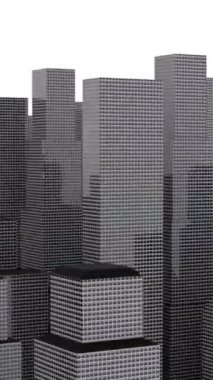 Gökdelenleri olan bir şehir. Tasarım. Yüksek binaları olan sanal üç boyutlu bir şehir. Gökdelenleri olan şehrin üç boyutlu renk modeli beyaz arkaplanda görüntülenir.