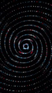 Soyut küçük üçgenler sarmal bir yörüngede hareket ediyor ve kameraya doğru uçuyor, inanılmaz bir üç boyutlu etki. Animasyon. Siyah arkaplanda dönen geometrik şekiller.