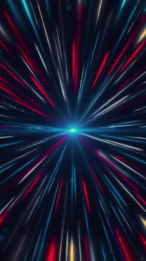 Soyut manyetik açık mavi çekirdek siyah zemin üzerinde kırmızı, mavi, sarı ve pürüzsüz bir döngüyle çevrili. Animasyon. Mavi bir nokta etrafında dönen kısa çizgiler