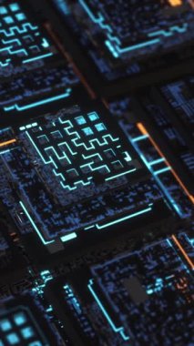 Bilgisayardaki neon panolar. Animasyon. Bilgisayar siber aleminde güzel 3D neon panolar. Bilgisayarın içinde aydınlatılmış hafıza kartları