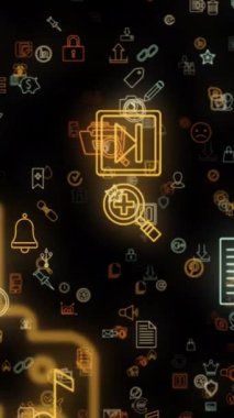 Sadece yazı işleri için. İnternette kullanılan simgelerin farklı görüntüleri tarafından yapılan soyut multimedya arkaplanı. Animasyon. Uçan sosyal medya logoları ve işaretleri, kusursuz döngü.