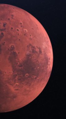 Derin uzay arka planında soyut gerçekçi güzel gezegen Mars. Mars üzerinde uçmak, gezegenin yüzeyini hareket ettiren ve gizleyen siyah gölge, astronomi kavramı..