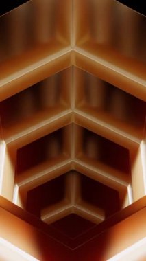 Neon çizgilerinin oluşturduğu sonsuz parlayan kahverengi tünelde ilerliyorlar. Tasarım. Geometrik 3d arkaplan