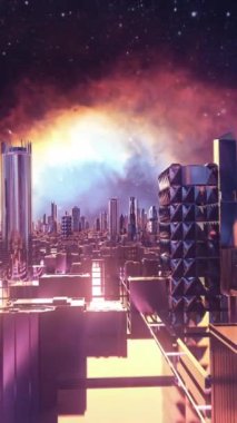 Fütüristik manzara, sanal uzayda hareket ve patlayan bir yıldızın ve bir şehrin arka planı. Hisse animasyonu. Soyut güzel şehrin, sokakların ve binaların üzerinde galaksiye karşı uçuyor..