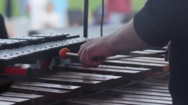 Yakın çekim, canlı bir açık hava etkinliğinde ksilofonu enerjik bir şekilde çalan bir müzisyenin elini ortaya çıkarır. Kırp