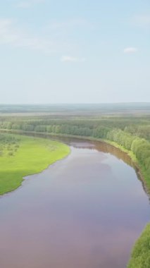 Güzel sonbahar kırsal doğa manzarası. Karışık orman manzarası, yeşil tarlalar, geniş bir nehir ve çayır ile güzel bir banliyö..