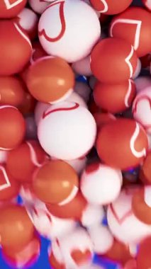 Soyut kırmızı ve beyaz plastik topları kapatın. Yığının içine kalp işaretleri düşsün. Animasyon. Çocuk oyuncakları ya da kuru havuz doldurucu kavramı
