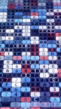 Bilgisayarda dijital sistem işleniyor. Animasyon. Hücrelerdeki birçok değişen değerin dijital arkaplanı. Güvenlik sistemi içinde sayısal veri işleme arkaplanı.