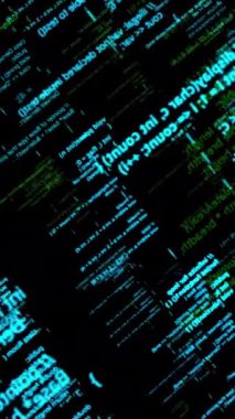 Bilgisayar dilinin soyut detayları, siyah arkaplanda akan çizgiler, kusursuz döngü. Animasyon. Bilgisayar ekranında kod elemanları programlanıyor