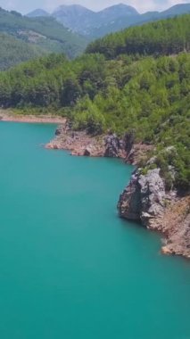 Güneşli bir günde Dağ Vadisi 'nin en güzel turkuaz nehri manzarası. Şarjör. Parlak turkuaz nehri ve yeşil köknar ağaçları olan güzel bir dağ manzarası. Orman bölgesindeki dağlarda turkuaz bir nehir.