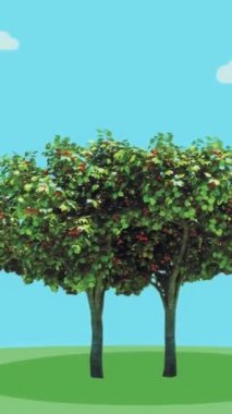 Canlı, gür, yeşil çizgi film ağaçları, etrafında kabarık bulutlarla sıcak güneş ışığının tadını çıkarıyorlar.