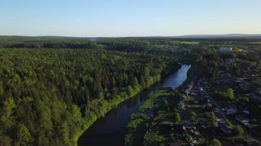 Bu göz kamaştırıcı bir hava manzarası. Yakınlarda güzel kıvrımlı bir nehri olan canlı bir orman manzarasını gösteriyor. Menkul Kıymetler