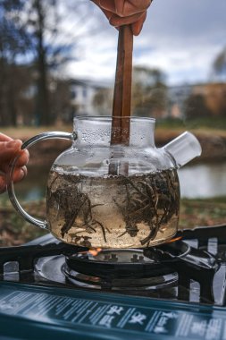 Sakin ve sakin bir açık hava sahnesi doğanın altında güzel bir cam çaydanlıkta demlenen bitki çayını içeriyor.