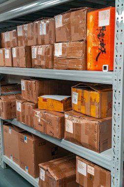 Kapsamlı bir bakış açısı, depolama tesisinde düzgünce paketlenmiş çeşitli kutularla dolu rafları gösteriyor.