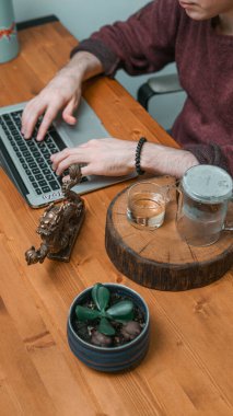 Laptop, ferahlatıcı bir içecek ve verimli bir yeşillik barındıran çağdaş bir çalışma alanı, üretkenliği arttırmak için ideal.