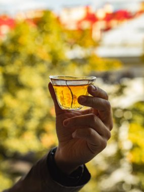 Nazik bir el, özenle buharı tüten bir çay bardağını yemyeşil ve canlı binaların güzel zeminine karşı tutar.