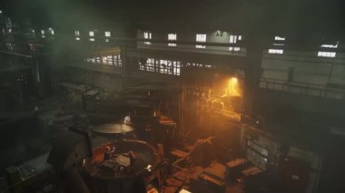 Karamsar ve atmosferik bir endüstriyel ortam sisli ve sisli bir arkaplan arasında sıcak ışıklandırma sergiliyor. Menkul Kıymetler