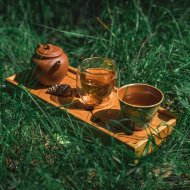 Güzel bir çaydanlık ve zarif bardaklarla dolu, ahşap bir tepside, yemyeşil çimlerle çevrili sakin bir çay seti.