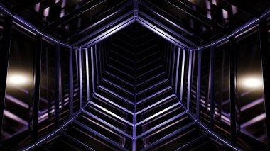 Büyüleyici ve büyüleyici bir manzara. Karmaşık altıgen bir tünel. Parlak neon ışıklarla güzelce aydınlatılmış.