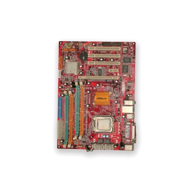 Çeşitli elektronik bileşenler içeren bir PC ana kartı gösteren yüksek kaliteli ve ayrıntılı bir resim.