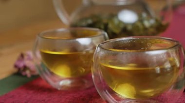 Zarif ve güzel cam bardaklarda servis edilen aromatik bitki çayıyla nefis sükunetin tadını çıkarın. Medya