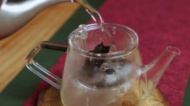 Bu sakin videoda çay hazırlama, bir insan olarak açık çay yapraklarıyla dolu şeffaf bir çaydanlığa sıcak su dökerek canlı renkler ortaya çıkarıyor. Medya