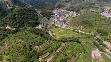 Yeşillik ve gelişen doğayla kaplı bir köyün yanındaki büyüleyici tarlaların havadan görünüşü. Medya
