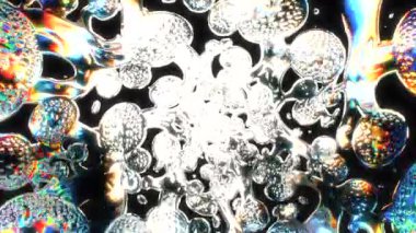 Sıvı kabarcıklar, yansımalar ve derin siyah bir arkaplan içeren canlı ve renkli bir soyut kompozisyon.