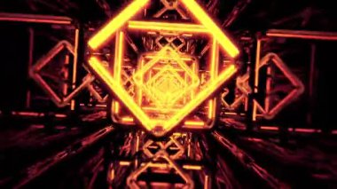 Vj döngü yanıp sönen neon ışıklarla parıldayan gelecekçi bilim kurgu koridorunda uçuyor.