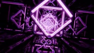 Parlak neon ışıklar mor gölgeli geleceksel bir tüneli aydınlatıyor.