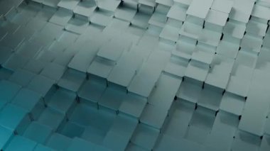 Metalik küpler hareket ediyor ve mavi yansımalı soyut bir zemin oluşturuyor. Tasarım