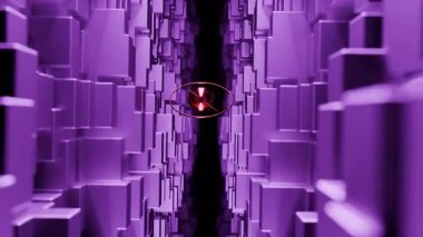 Yüzen altın küreyle soyut koridor ve altı farklı renkte kübik duvarlar. Tasarım