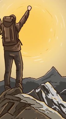 Bir dağcı zirvede muzaffer bir şekilde durur, nefes kesen gün doğumundan ve çarpıcı dağ manzaralarından enerji hisseder.