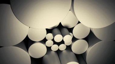 Beyaz silindirler dönüyor ve koyu bir arkaplanda dairesel desen oluşturuyor. Tasarım