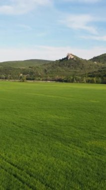 Gökyüzü, cennet gibi kırsal alan, yaz boyunca yeşil alanlar ve arka planda dağlar. Stok görüntüleri
