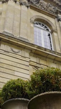 Büyük vazolarda süslü bitkilerle dolu bir Fransız şatosunun taş cephesi.