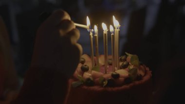 Mumlar güzel dekore edilmiş bir doğum günü pastasında taze, renkli meyvelerle parlarken neşeli anlar ortaya çıkar. Stock Görüntüsü