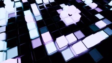 Siyah zemin üzerinde pürüzsüz hareket eden renkli küpler soyut ve büyüleyici bir görsel oluşturur