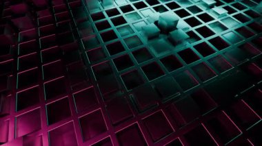 Turkuaz metalik küpler pembe yansımaları olan bir ızgarada pürüzsüzce hareket ediyor