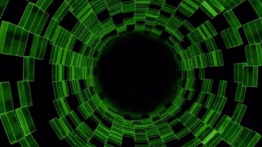 Karanlık bir tünelin etrafında dönen dijital dikdörtgenler soyut bir teknolojik arkaplan oluşturur