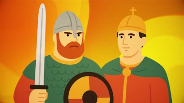 Ortaçağ kralı ve Viking savaşçısı savaş alanında birlikte duruyorlar.
