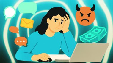 Genç bir kadın dizüstü bilgisayarda çalışırken, mali problemler ve siber zorbalıkla uğraşırken stresli hissediyor