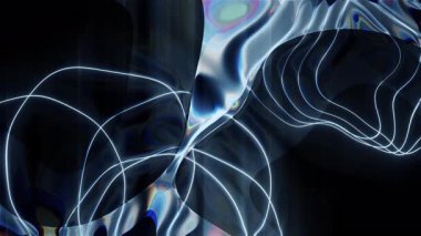 Mavi ve beyaz çizgiler zarif bir şekilde akarak karanlık bir arkaplanda dönerek büyüleyici bir soyut görsel yaratıyor.
