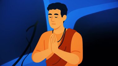 Animasyon keşiş dönüşümleri bulanıklıktan berrak meditasyona dönüşür, iç huzuru somutlaştırır ve dingin ifade ve katlanmış eller aracılığıyla odaklanır.