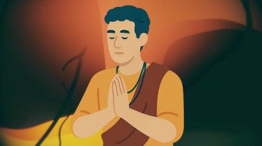 Animasyon yapan adam sakin bir arka planda gözleri kapalı meditasyon yapar. Huzuru ve farkındalığı sembolize eder.