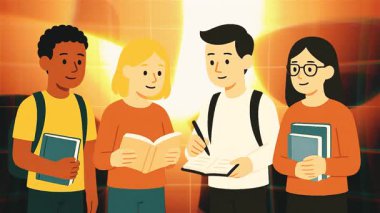 Bir grup animasyon öğrencisi birlikte çalışıyor, kitapları paylaşıyor, fikirleri tartışıyor, arkadaşça bir ortamda takım çalışması ve eğitimi resmediyor.